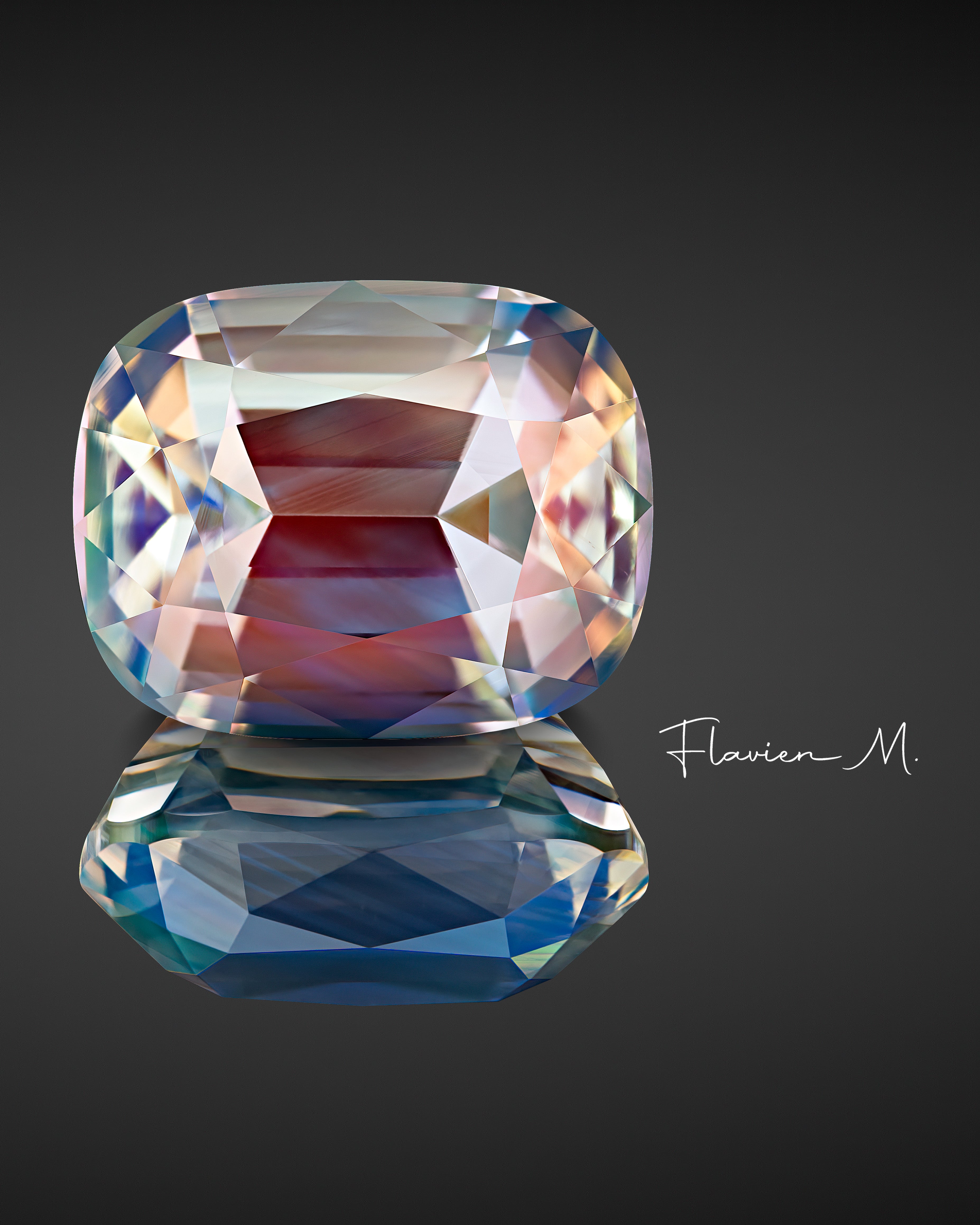 Faceted rainbow moonstone, precision cut, professional photography, face-up, black background