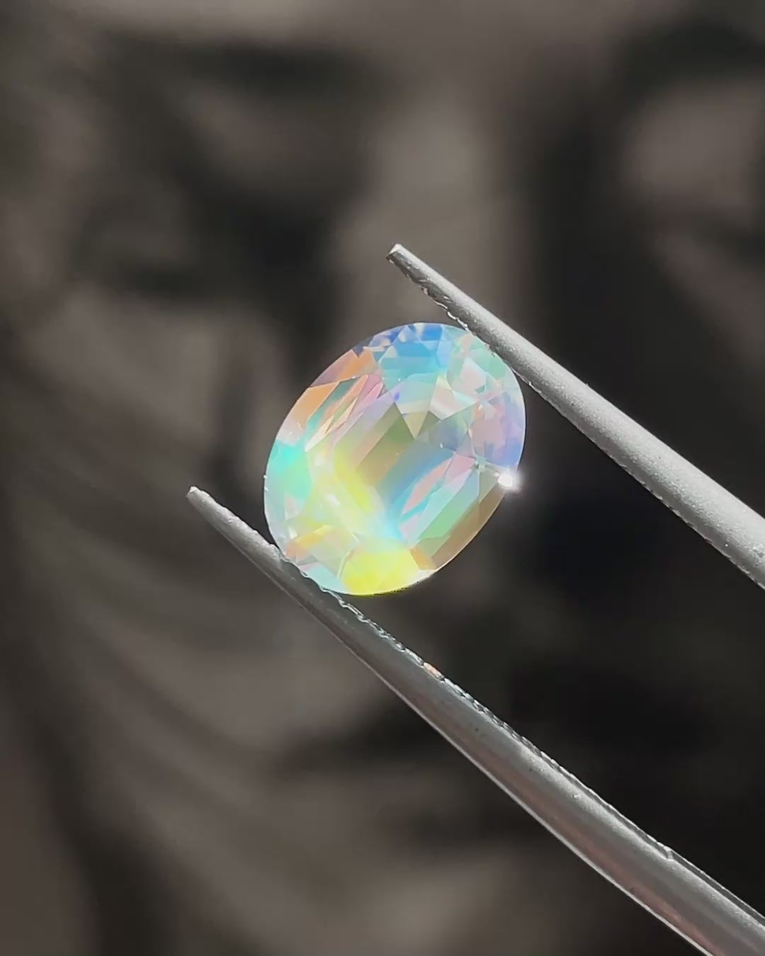 2.21 ct Rainbow Moonstone from Madagascar, precision cut, face-up, view 1